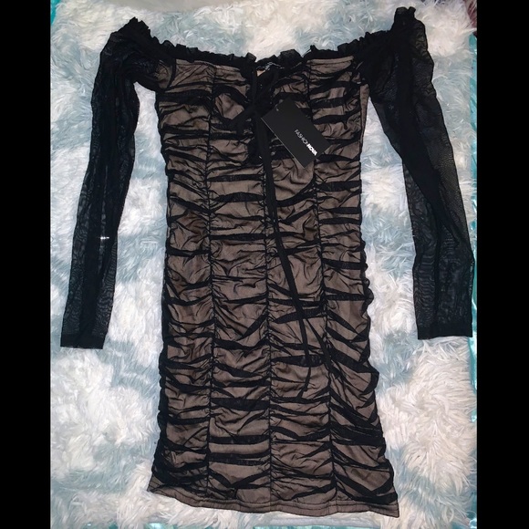 New•Black Sheer Ruched Ruffle Mesh•Mini Dress - Picture 7 of 7